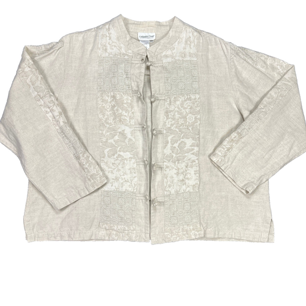 Coldwater Creek Womens Jacket 2XL Beige Linen Cotton Frog Button Closures Crop